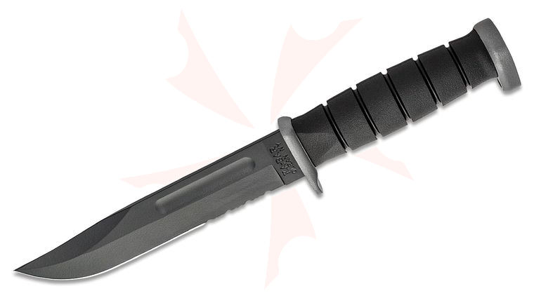 KA-BAR 1283 Extreme Fighting Fixed Blade Knife 7 inch D2 Black Combo Clip Point Blade, Black Kraton G Handle, Leather Sheath