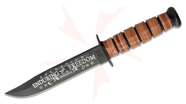 KA-BAR 9170 USN Commemorative Fighting Knife OEF Afghanistan 7 inch Plain Blade, Leather Handles, Leather Sheath