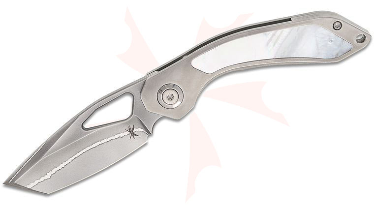 Keanison Knives Custom MAC Bull Terrier Frame Lock Folding Knife 3.25 inch Vegas Forge Phantom Vein Damascus Tanto Blade, Polished Titanium Handles with Mother of Pearl Inlays