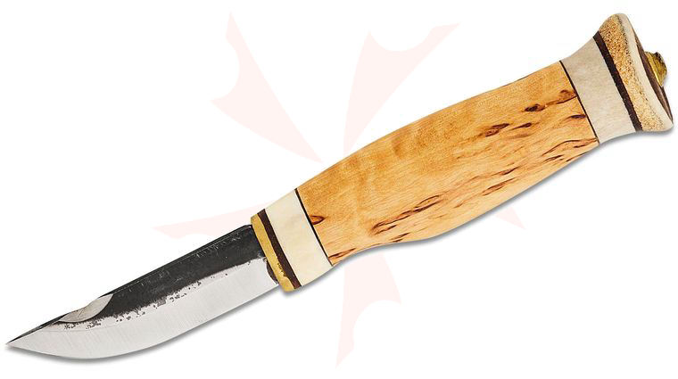 Kellam Knives Tundra Camp Whittler Knife w/ Fire Starter 3 inch Carbon Steel Blade, Curly Birch Wood and Reindeer Antler Handles, Embossed Leather Sheath