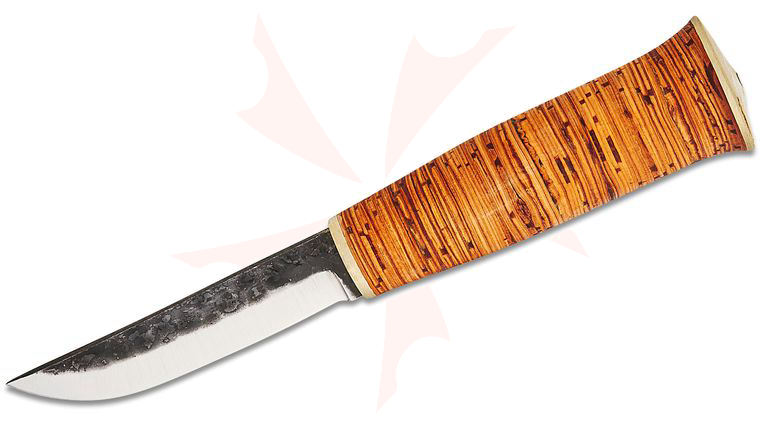 Kellam Knives Arctic Series Wildwood Fixed Blade Knife 3.75 inch Hammered Two-Tone Carbon Steel Blade, Birch Bark Handle, Brown Leather Sheath