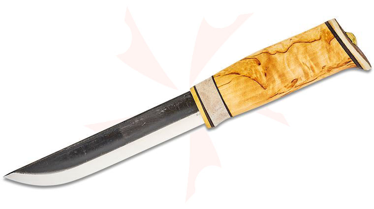 Kellam Knives Arctic Series Hunter Fixed Blade Knife 5.75 inch Two-Tone Carbon Steel Blade, Curly Birch Wood and Reindeer Antler Handle, Brown Leather Sheath