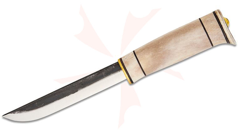 Kellam Knives Arctic Series PoleStar Fixed Blade Knife 5 inch Two-Tone Carbon Steel Blade, White Reindeer Antler Handle, Brown Leather Sheath
