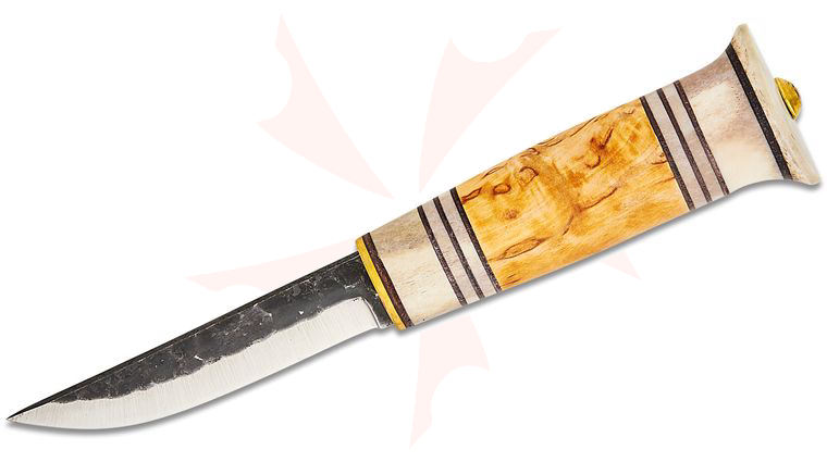 Kellam Knives Arctic Series Borealis Fixed Blade Knife 3.75 inch Hammered Two-Tone Carbon Steel Blade, Curly Birch and Antler Handle, Brown Leather and Curly Birch Sheath