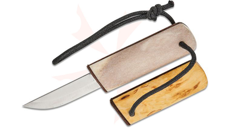 Kellam Knives Arctic Series Pocket Fixed Blade Knife 2 inch Stainless Steel Blade, Reindeer Antler Handle, Curly Birch Sheath