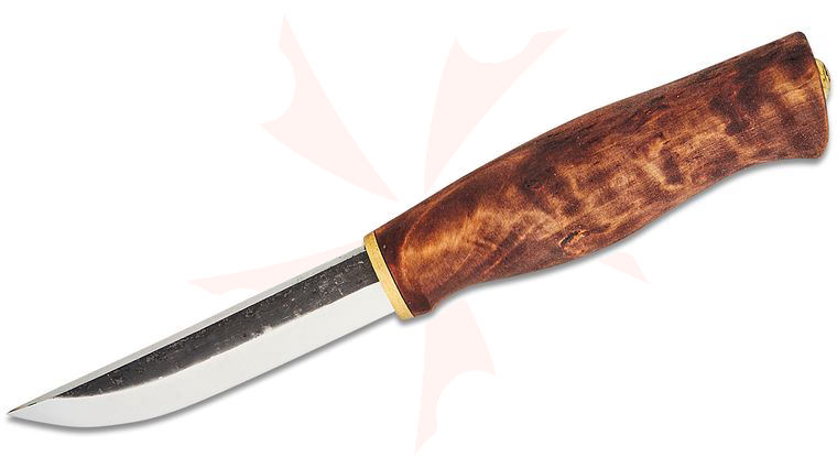 Kellam Knives Puukko Fixed Blade Knife 3.75 inch Two-Tone Carbon Steel Blade, Stained Curly Birch Handle, Brown Leather Sheath