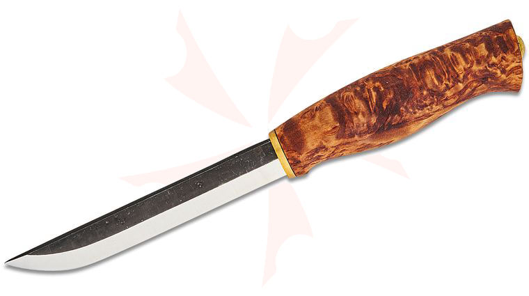 Kellam Knives Puukko Long Fixed Blade Knife 5 inch Two-Tone Carbon Steel Blade, Stained Curly Birch Handle, Brown Leather Sheath