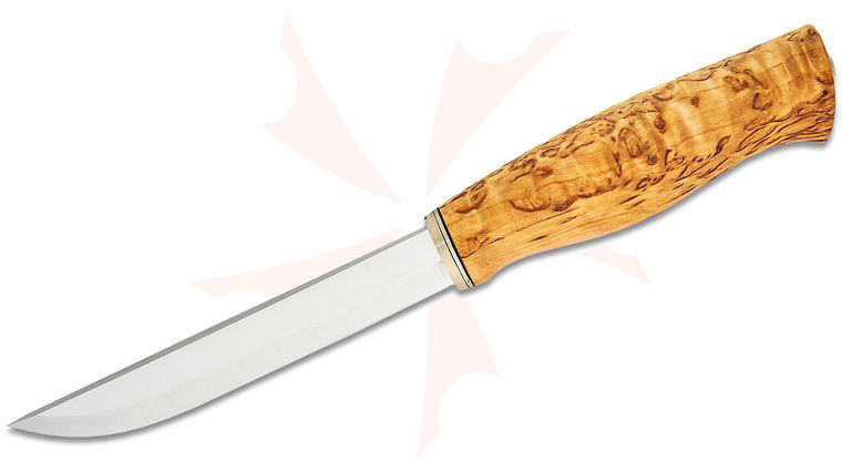 Kellam Knives Jouni 80 Fixed 4.88 inch Polished Blade, Curly Birch Handle w/ Nickel Silver Bolster, Leather Sheath