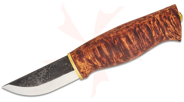 Kellam Knives Wolf Pack Prowler Fixed Blade Knife 2.8 inch Two-Tone Carbon Steel Blade, Stained Curly Birch Handle, Brown Leather Sheath