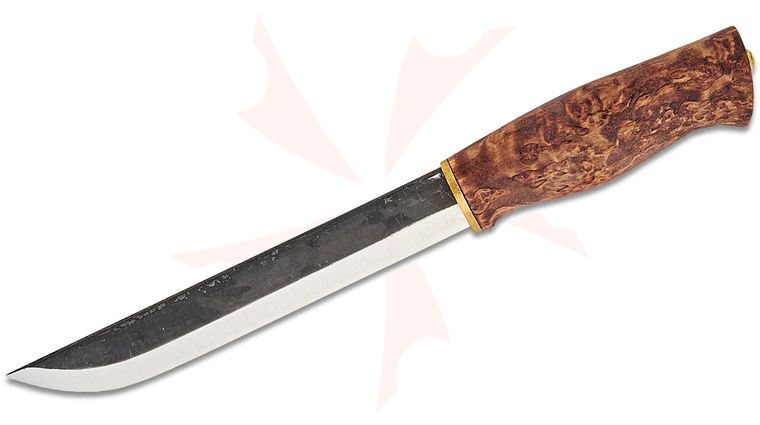 Kellam Knives Wolf Pack Slasher Fixed Blade Knife 7 inch Two-Tone Carbon Steel Blade, Stained Curly Birch Handle, Brown Leather Sheath