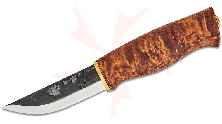 Kellam Knives Wolf Pack Striker Fixed Blade Knife 3.5 inch Two-Tone Carbon Steel Blade, Stained Curly Birch Handle, Brown Leather Sheath