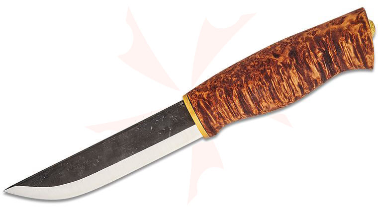 Kellam Knives Wolf Pack Fang Fixed Blade Knife 4.7 inch Two-Tone Carbon Steel Blade, Stained Curly Birch Handle, Brown Leather Sheath