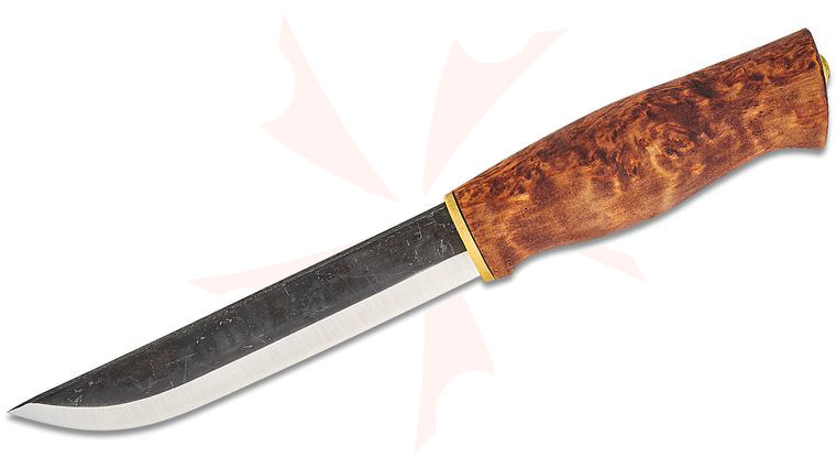 Kellam Knives Wolf Pack Tracker Fixed Blade Knife 5.7 inch Two-Tone Carbon Steel Blade, Stained Curly Birch Handle, Brown Leather Sheath