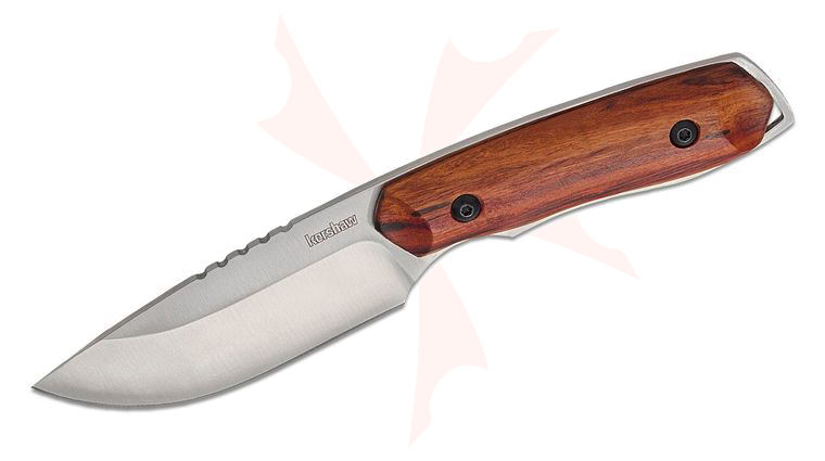 Kershaw 1417 Halt Fixed Blade Knife 3.46 inch Satin Drop Point Blade, Brown Wooden Handle, Nylon Sheath