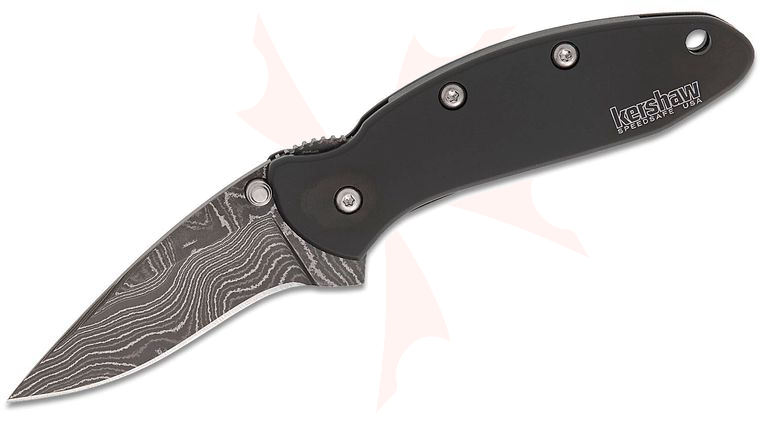 Kershaw 1600DAMCKT Ken Onion Chive Assisted Flipper Knife 1.9 inch Damascus Plain Blade, Black Stainless Steel Handles
