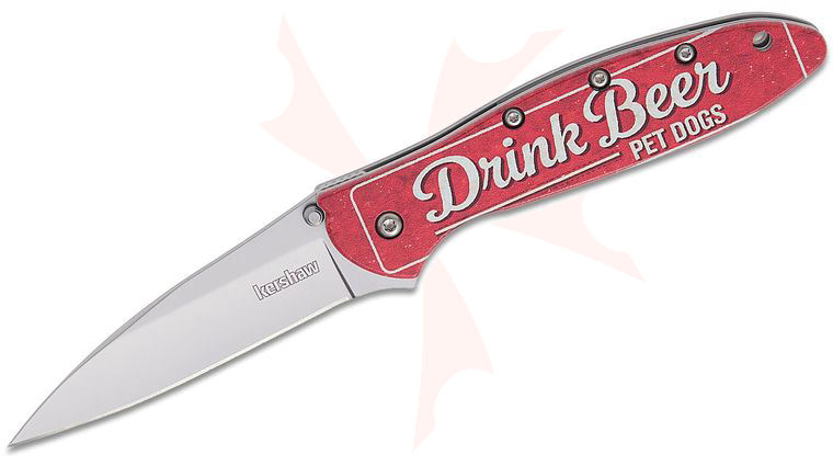 Kershaw 1660BEER Ken Onion Leek Assisted Liner Lock Flipper Knife 3 inch 14C28N Bead Blast Plain Blade, Drink Beer, Pet Dogs CCI Aluminum Handles