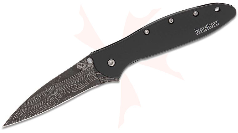Kershaw 1660DAMCKT Ken Onion Leek Assisted Flipper Knife 3 inch Damascus Plain Wharncliffe Blade, Black Stainless Steel Handles