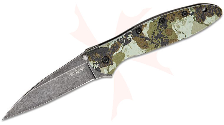 Kershaw 1660KC Ken Onion Leek CCI Assisted Liner Lock Flipper Knife 3 inch 14C28N BlackWashed Plain Blade, King's Camo Aluminum Handles