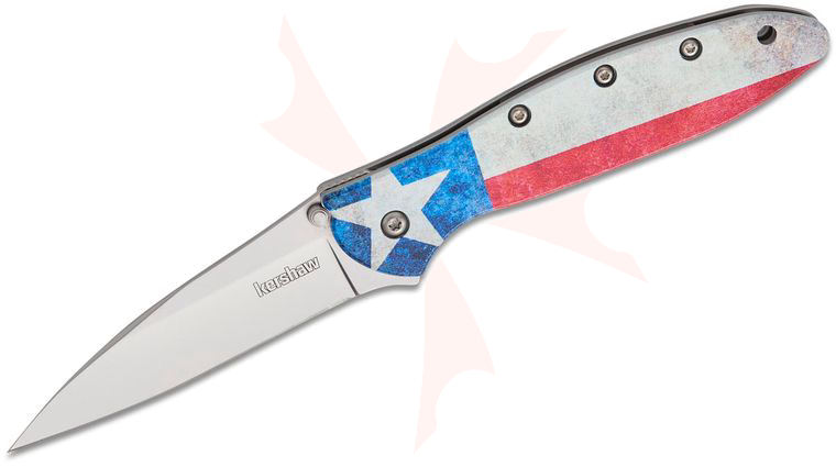 Kershaw 1660FP Ken Onion Leek CCI Assisted Liner Lock Flipper Knife 3 inch 14C28N Bead Blast Plain Blade, Lone Star Aluminum Handles