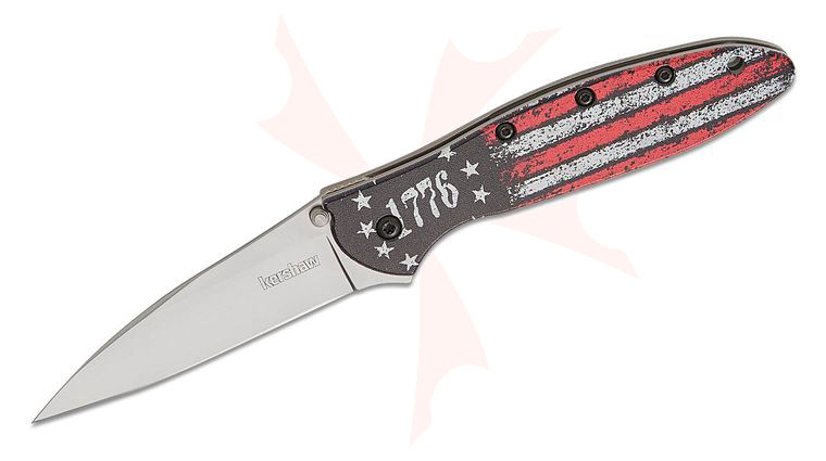 Kershaw 1660ROSS Ken Onion Leek CCI Assisted Liner Lock Flipper Knife 3 inch 14C28N Bead Blast Plain Blade, 1776 Betsy Ross Flag Aluminum Handles