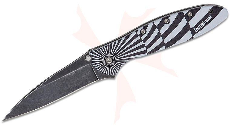 Kershaw 1660SWIRL Ken Onion Leek Assisted Liner Lock Flipper Knife 3 inch 14C28N BlackWashed Plain Blade, Black/White Swirl Aluminum Handles