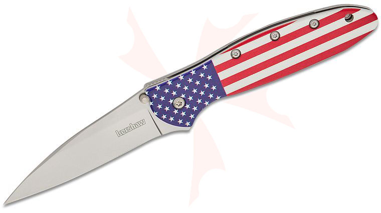 Kershaw 1660USA Ken Onion Leek CCI Assisted Liner Lock Flipper Knife 3 inch 14C28N Bead Blast Plain Blade, USA Flag Aluminum Handles