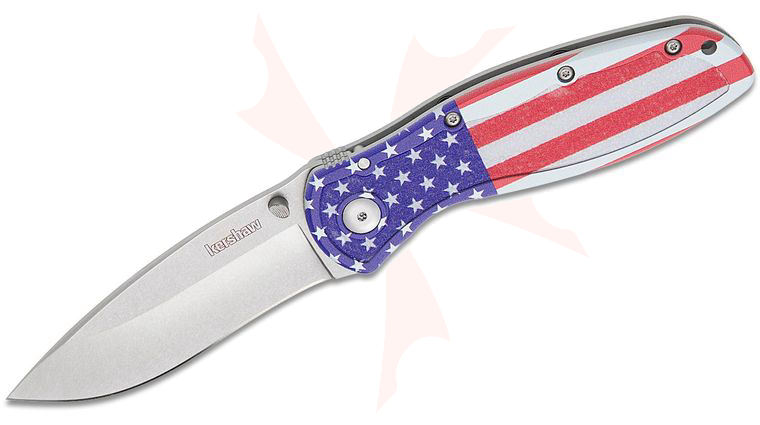Kershaw 1670USA Ken Onion Blur Assisted Folding Knife 3.4 inch 14C28N Stonewashed Blade, USA Flag Anodized Aluminum Handles w/ Trac-Tec Inserts