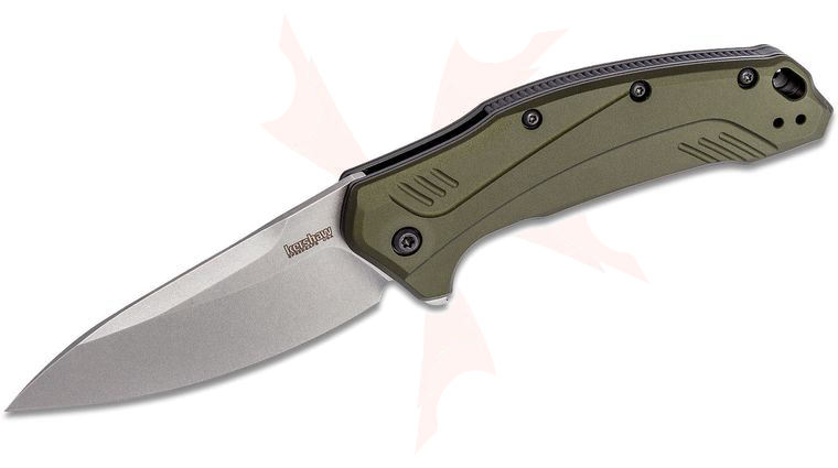 Kershaw 1776OLSW Link Assisted Flipper Knife 3.25 inch CPM-20CV Stonewashed Plain Blade, Olive Aluminum Handles