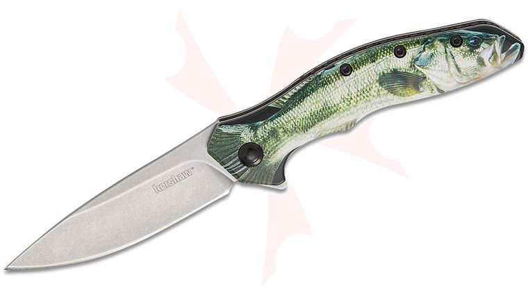 Kershaw 1845BASS Shoreline Assisted Flipper Knife 3 inch Stonewashed Drop Point Plain Blade, Bass CCI 3D Contoured Aluminum Handles, Reversible Clip