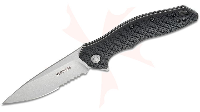 Kershaw 1845ST Shoreline Assisted Liner Lock Flipper Knife 3 inch Stonewashed Drop Point Combo Blade, Black Glass-Reinforced Nylon Handles, Reversible Clip