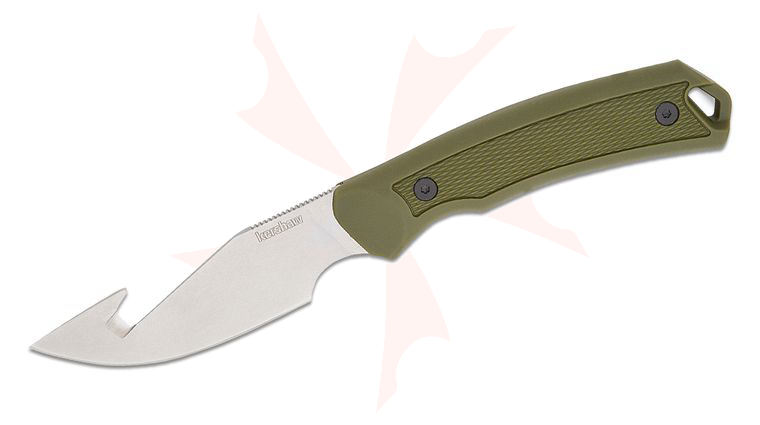 Kershaw 1883GH Deschutes Skinner Fixed Blade Knife 3.9 inch D2 Stonewashed Drop Point Blade with Guthook, Green Polypropylene Handle with Rubber Overlay, GFN Sheath