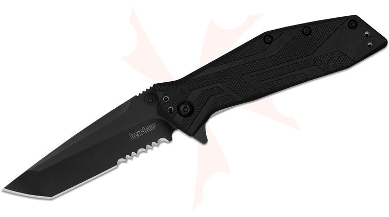 Kershaw 1990ST Brawler Liner Lock Assisted Flipper Knife 3 inch Black Combo Tanto Blade, Black Glass-Filled Nylon Handles