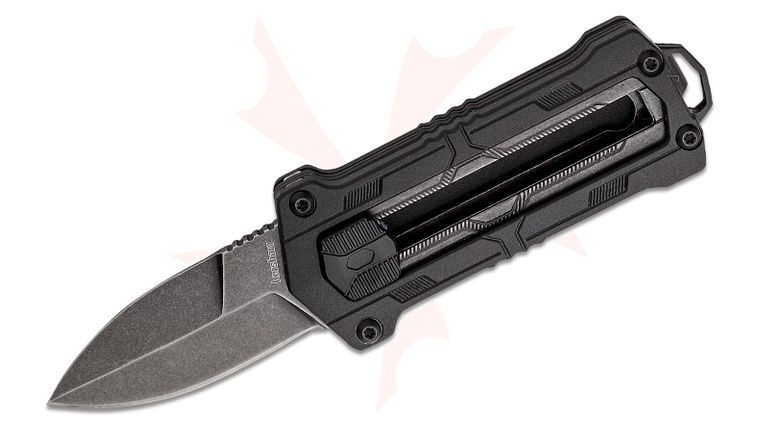 Kershaw 1190BW Jens Anso Kapsule Sliding Button Lock Manual OTF Knife 1.9 inch D2 BlackWash Spear Point Blade, Black GFN Handles