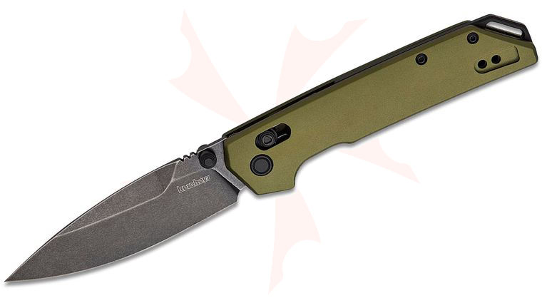 Kershaw 2038OLBW Iridium DuraLock KVT Folding Knife 3.4 inch D2 BlackWashed Spear Point Blade, Olive Green Aluminum Handles, Reversible Clip