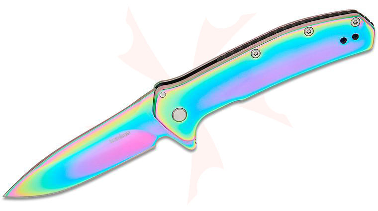 Kershaw 2044RBW Outcome Assisted Flipper Knife 2.8 inch Rainbow PVD Drop Point Blade and Stainless Steel Handles, Reversible Clip