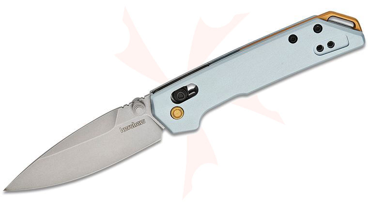 Kershaw 2051 Mini Iridium DuraLock KVT Folding Knife 3 inch D2 Stonewashed Spear Point Blade, Ice Blue Aluminum Handles, Reversible Clip