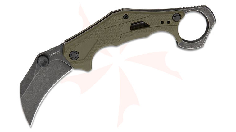 Kershaw 2064ODBW Outlier Assisted Liner Lock Flipper Knife 2.6 inch BlackWashed Karambit Blade, Textured OD Green GFN Handles with Pinky Ring