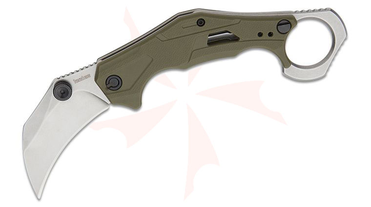 Kershaw 2064ODSW Outlier Assisted Liner Lock Flipper Knife 2.6 inch Stonewashed Karambit Blade, Textured OD Green GFN Handles with Pinky Ring