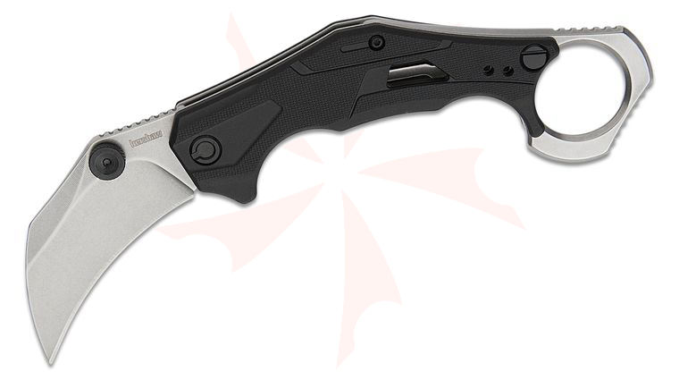 Kershaw 2064SW Outlier Assisted Liner Lock Flipper Knife 2.6 inch Stonewashed Karambit Blade, Textured Black GFN Handles with Pinky Ring