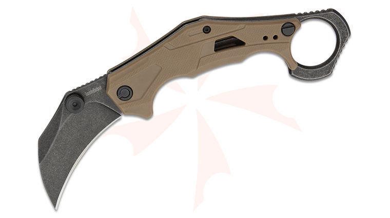 Kershaw 2064TANBW Outlier Assisted Liner Lock Flipper Knife 2.6 inch BlackWash Karambit Blade, Textured Tan GFN Handles with Pinky Ring