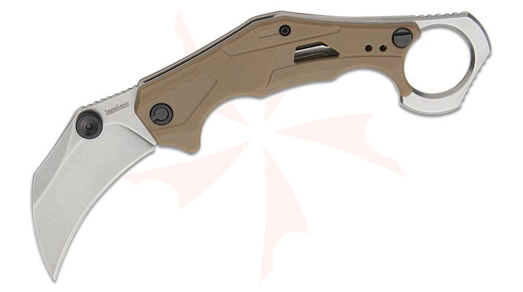 Kershaw 2064TANSW Outlier Assisted Liner Lock Flipper Knife 2.6 inch Stonewashed Karambit Blade, Textured Tan GFN Handles with Pinky Ring