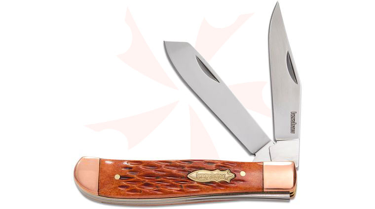 Kershaw 4381BJB Gadsden Folding Knife, 3.5 inch Closed, Jigged Brown Bone Handles with Copper Bolsters