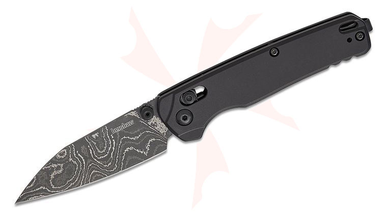 Kershaw 6105BLKDAM USA-Made Bel Air DuraLock KVT Folding Knife 3.1 inch Damascus Reverse Tanto Blade, Black Aluminum Handles, Reversible Deep Carry Clip