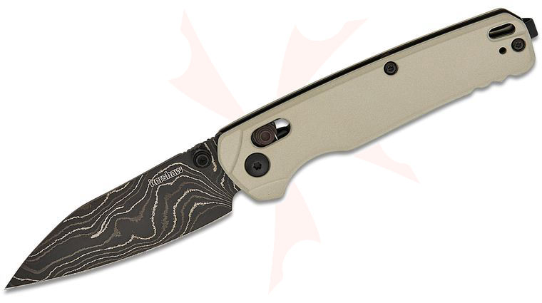 Kershaw 6105DAM USA-Made Bel Air DuraLock KVT Folding Knife 3.1 inch Damascus Reverse Tanto Blade, Bright Nickel Cerakote Aluminum Handles, Reversible Deep Carry Clip