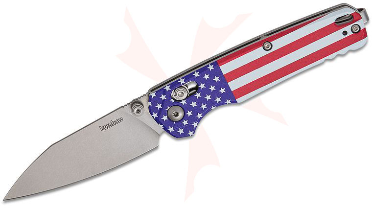 Kershaw 6105USA USA-Made Bel Air DuraLock KVT Folding Knife 3.1 inch CPM-MagnaCut Stonewashed Reverse Tanto Blade, USA Flag Anodized Aluminum Handles, Reversible Deep Carry Clip