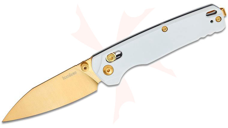 Kershaw 6105WGLD USA-Made Bel Air DuraLock KVT Distributor Exclusive Folding Knife 3.1 inch CPM-MagnaCut Gold Reverse Tanto Blade, White Cerakote Aluminum Handles, Reversible Deep Carry Clip