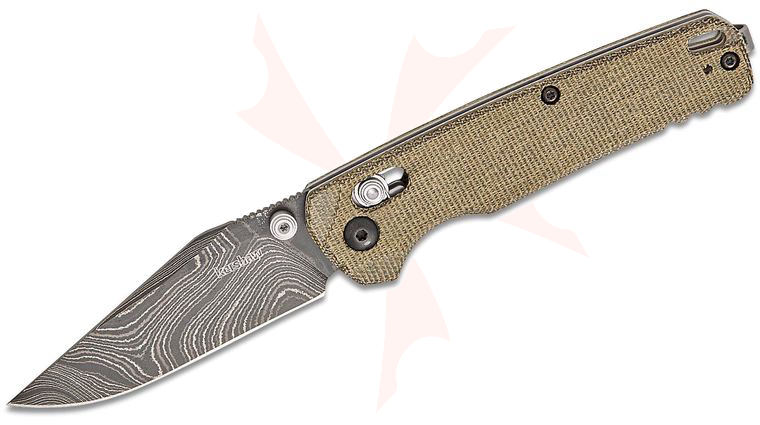 Kershaw 6106DAM USA-Made Bel Air DuraLock KVT Folding Knife 3.1 inch Black Damascus Clip Point Blade, Green Canvas Micarta Handles, Reversible Deep Carry Clip