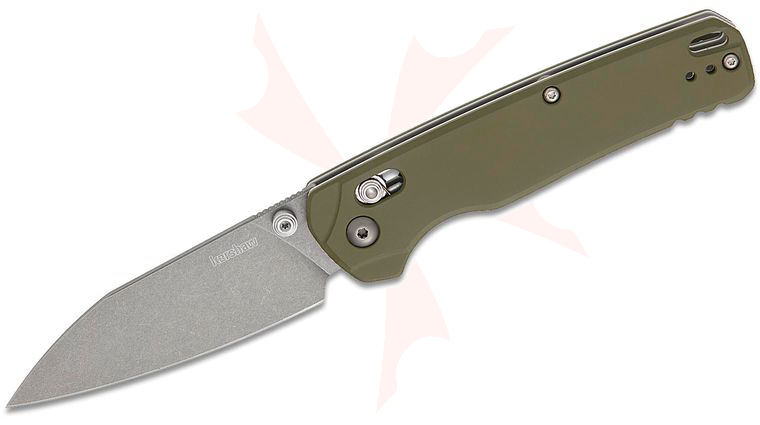 Kershaw 6110OL USA-Made Bel Air XL DuraLock KVT Folding Knife 3.4 inch 3V Stonewashed Reverse Tanto Blade, Olive Green Aluminum Handles, Reversible Deep Carry Clip