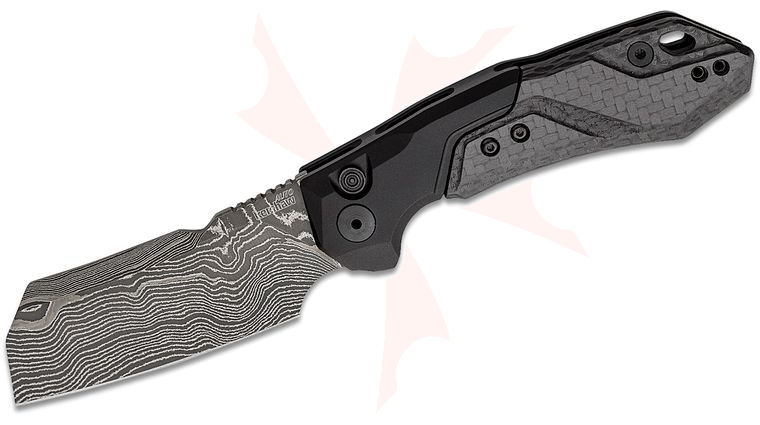 Kershaw 7850BLKDAM Launch 14 AUTO Folding Knife 3.375 inch Black Damascus Cleaver Blade, Black Anodized Aluminum Handles with Carbon Fiber Scale