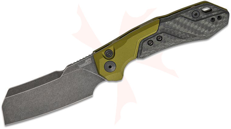 Kershaw 7850 Launch 14 AUTO Folding Knife 3.375 inch CPM-154 BlackWashed Cleaver Blade, Olive Green Anodized Aluminum Handles with Carbon Fiber Scale